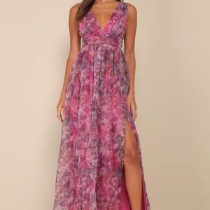 Lulus Garden Romance Magenta Floral Print Organza Maxi Dress Sz Large